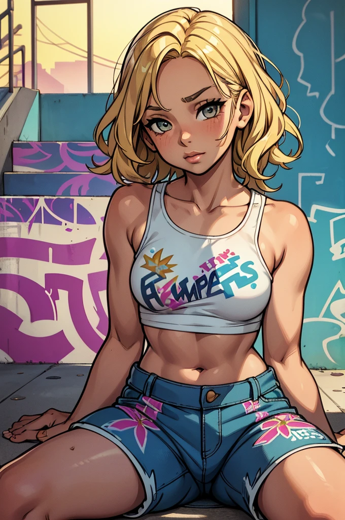 10-year-old girl with short wavy blonde hair, hazel eyes, flat chest, wearing a white tank top with a colorful print, hazel Bermuda shorts, posing sitting on a staircase with graffiti, upper body, concrete staircase background with graffiti in a skate park, palm trees, depth on field, Dutch angle, afternoon light, evening, sunset, los angles