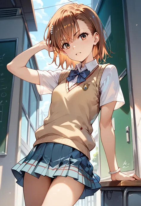 ((masterpiece,high resolution,highest quality,8k)) (a certain scientific railgun,misaka mikoto)(14-year-old female,brown hair,sh...