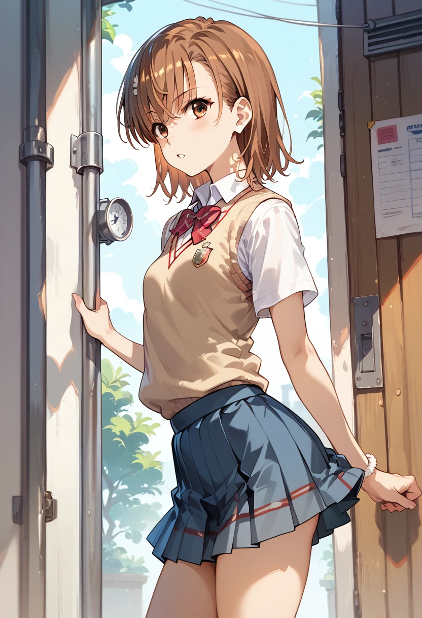 ((masterpiece,High resolution,Highest quality,8k)) (A Certain Scientific Railgun,Misaka Mikoto)(14-year-old female,Brown Hair,Short Hair,Small breasts,Slim figure) (school uniform,Sweater vest,White Shirt,Short sleeve,mini skirt)