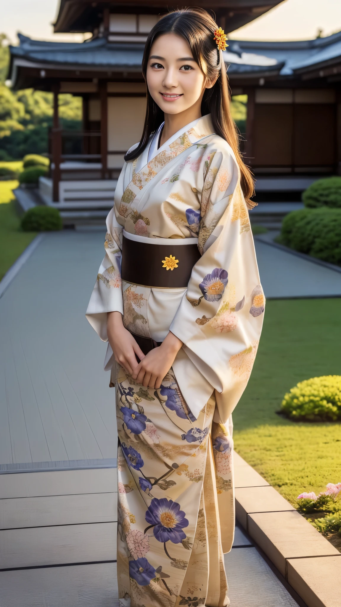 Front view , ((Full-body, standing on tatami), a Japanese ancient girl, looking at viewer, beautiful Japanese Young General, girl is 20 years old, (Highly detailed face, Black hair ,Brown eye, Variegated eyes, Fuller lips, little Lips, little smile), (middle breasts, middle hip), (Japanese kimono, flower pattern), standing in Japanese Palace, near Garden, sunset ,(masterpiece, Highest quality, masterpiece, God-like quality, Godly art, , Very realistic)
