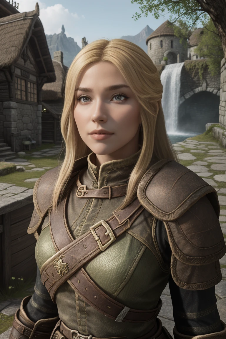 1 girl, masterpiece, 32 yo, femalebreton beauty sits outdoors in a rustic Skyrim village, surrounded by thatched roofs and lush greenery. The sun casts a warm glow on her porcelain skin as she gazes directly into the camera lens, her piercing green eyes sparkling with a hint of mischief. Her raven tresses cascade down her back like a waterfall, framing her heart-shaped face. A gentle smile plays on her lips, inviting the viewer to step into her whimsical world. blonde hair, fit body, Skyrim style, (female front view:1.3), looking at the viewer.,wearing light armor, blonde hair, femalebreton