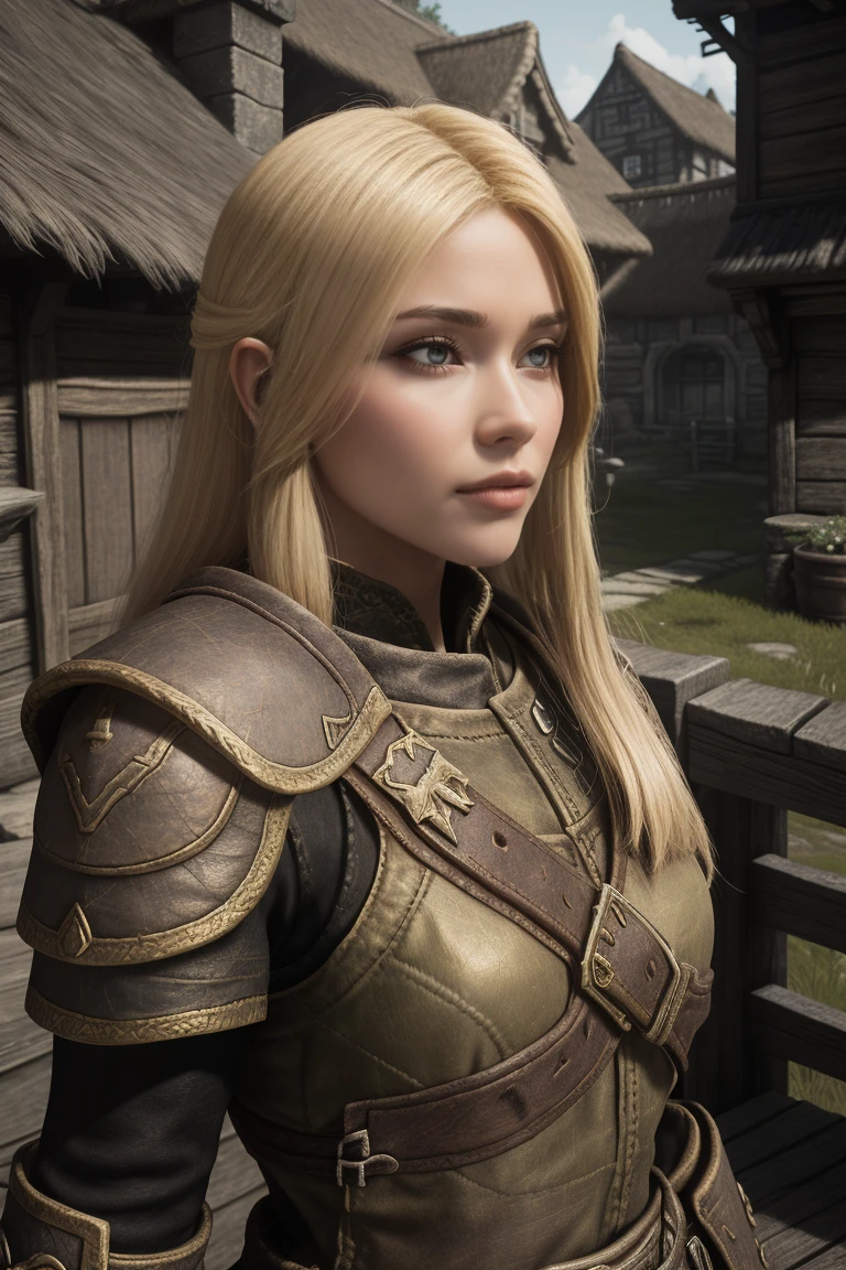 1 girl, masterpiece, 32 yo, femalebreton beauty sits outdoors in a rustic Skyrim village, surrounded by thatched roofs and lush greenery. The sun casts a warm glow on her porcelain skin as she gazes directly into the camera lens, her piercing green eyes sparkling with a hint of mischief. Her raven tresses cascade down her back like a waterfall, framing her heart-shaped face. A gentle smile plays on her lips, inviting the viewer to step into her whimsical world. blonde hair, fit body, Skyrim style, (female front view:1.3), looking at the viewer.,wearing light armor, blonde hair, femalebreton