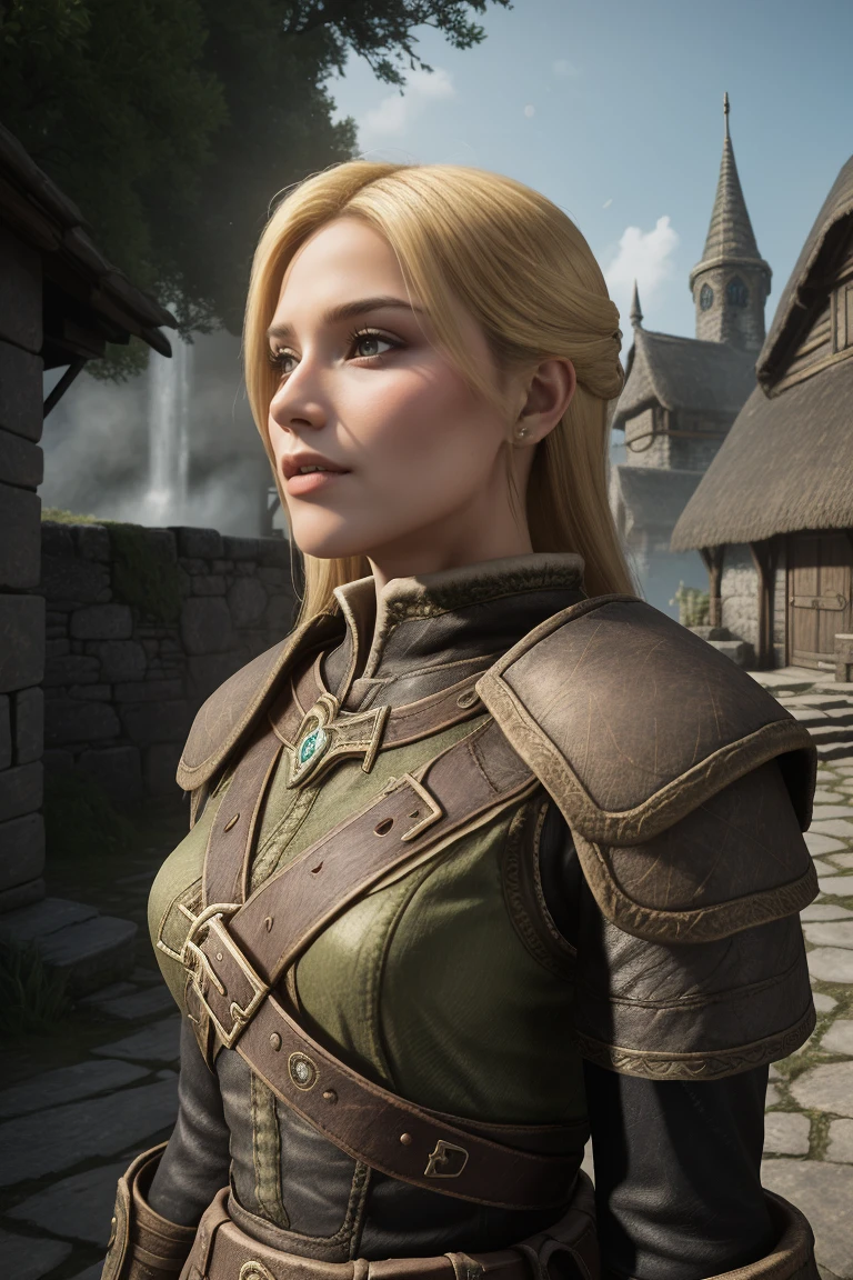 1 girl, masterpiece, 32 yo, femalebreton beauty sits outdoors in a rustic Skyrim village, surrounded by thatched roofs and lush greenery. The sun casts a warm glow on her porcelain skin as she gazes directly into the camera lens, her piercing green eyes sparkling with a hint of mischief. Her raven tresses cascade down her back like a waterfall, framing her heart-shaped face. A gentle smile plays on her lips, inviting the viewer to step into her whimsical world. blonde hair, fit body, Skyrim style, (female front view:1.3), looking at the viewer.,wearing light armor, blonde hair, femalebreton