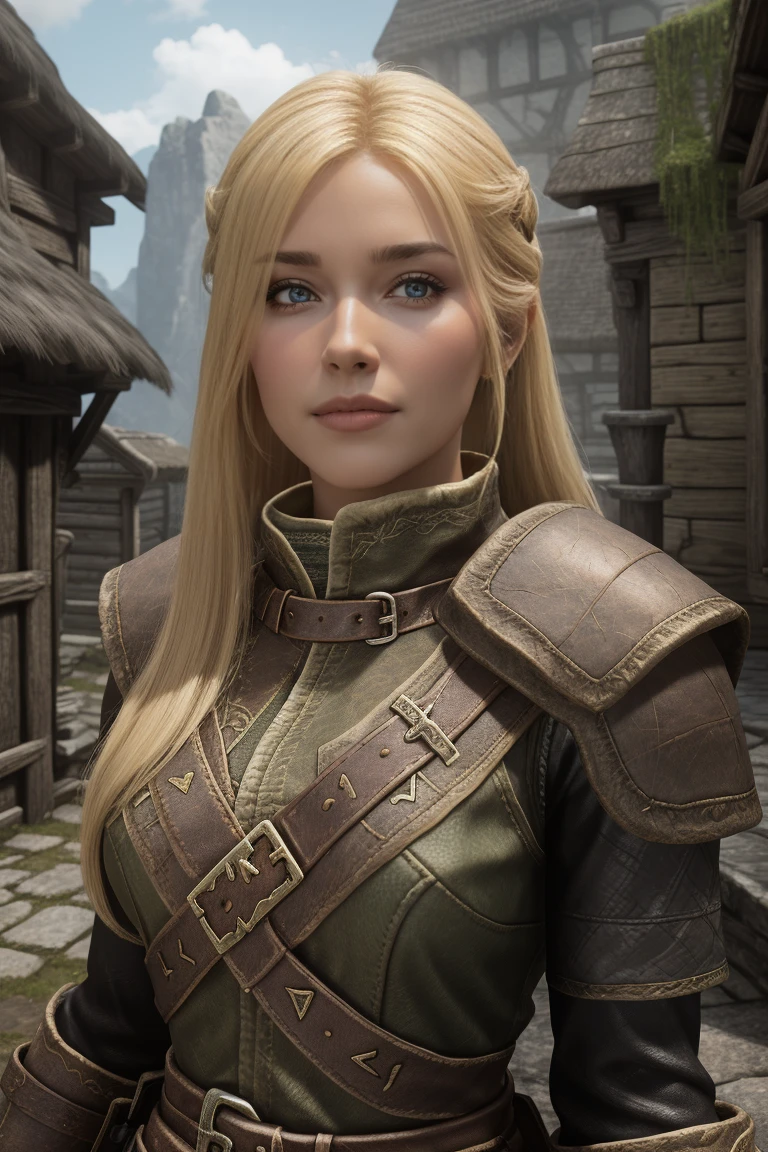 1 girl, masterpiece, 32 yo, femalebreton beauty sits outdoors in a rustic Skyrim village, surrounded by thatched roofs and lush greenery. The sun casts a warm glow on her porcelain skin as she gazes directly into the camera lens, her piercing green eyes sparkling with a hint of mischief. Her raven tresses cascade down her back like a waterfall, framing her heart-shaped face. A gentle smile plays on her lips, inviting the viewer to step into her whimsical world. blonde hair, fit body, Skyrim style, (female front view:1.3), looking at the viewer.,wearing light armor, blonde hair, femalebreton