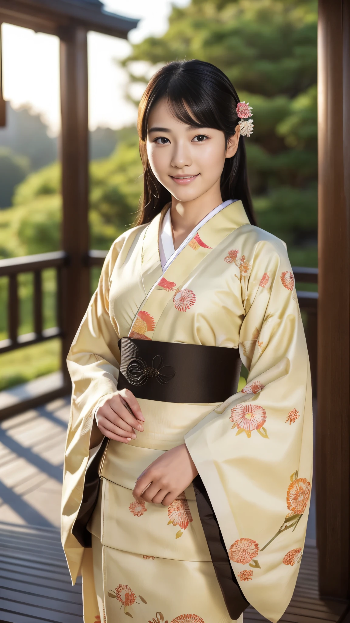 Front view , ((Full-body, standing on tatami), a Japanese ancient girl, looking at viewer, beautiful Japanese Young General, girl is 20 years old, (Highly detailed face, Black hair ,Brown eye, Variegated eyes, Fuller lips, little Lips, little smile), (middle breasts, middle hip), (Japanese kimono, flower pattern), standing in Japanese Palace, near Garden, sunset ,(masterpiece, Highest quality, masterpiece, God-like quality, Godly art, , Very realistic)
