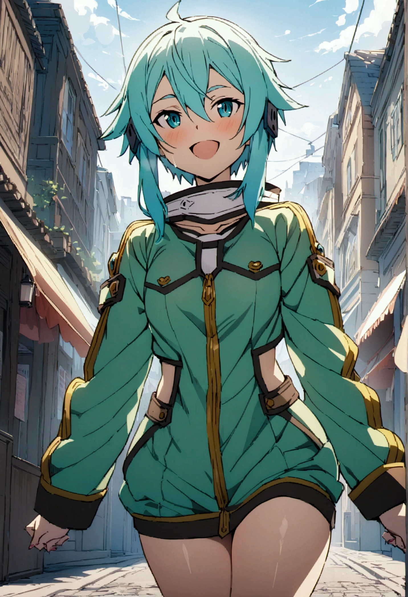 NSFW,masterpiece,Highest quality,High resolution,Very detailed,Sinon\(Sword Art Online\),Happy face,bustling street