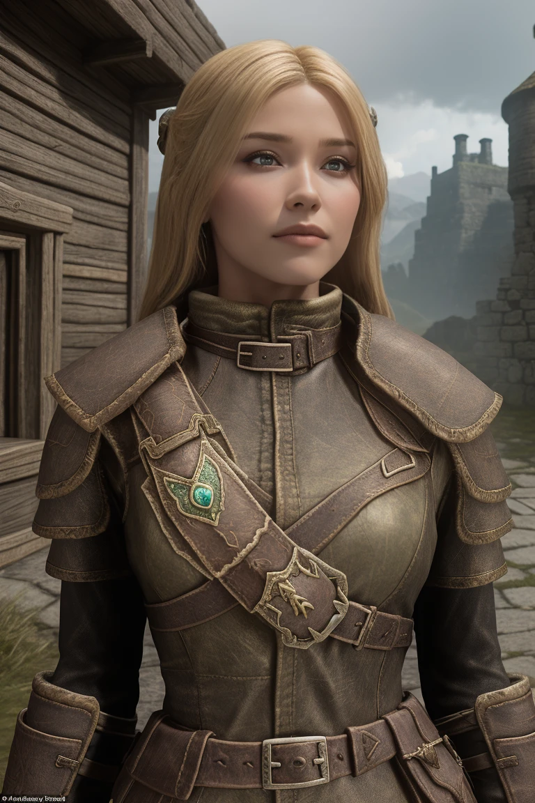 1 girl, masterpiece, 32 yo, femalebreton beauty sits outdoors in a rustic Skyrim village, surrounded by thatched roofs and lush greenery. The sun casts a warm glow on her porcelain skin as she gazes directly into the camera lens, her piercing green eyes sparkling with a hint of mischief. Her raven tresses cascade down her back like a waterfall, framing her heart-shaped face. A gentle smile plays on her lips, inviting the viewer to step into her whimsical world. blonde hair, fit body, Skyrim style, (female front view:1.3), looking at the viewer.,wearing light armor, blonde hair, femalebreton