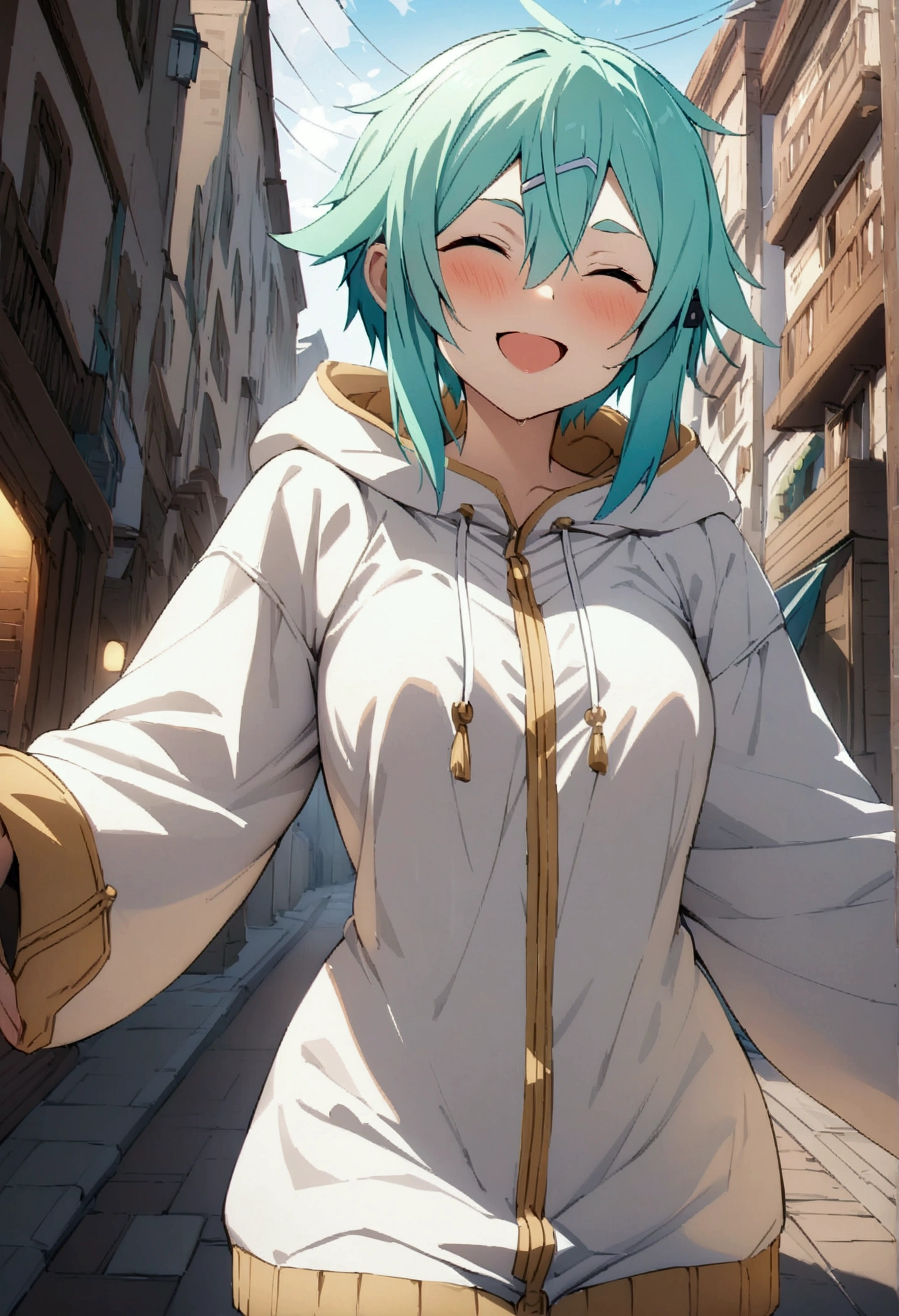 NSFW,masterpiece,Highest quality,High resolution,Very detailed,Sinon\(Sword Art Online\),Hooded parka,Happy face,bustling street