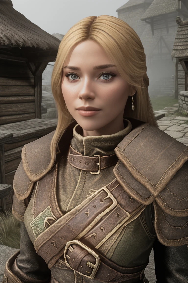 1 girl, masterpiece, 32 yo, femalebreton beauty sits outdoors in a rustic Skyrim village, surrounded by thatched roofs and lush greenery. The sun casts a warm glow on her porcelain skin as she gazes directly into the camera lens, her piercing green eyes sparkling with a hint of mischief. Her raven tresses cascade down her back like a waterfall, framing her heart-shaped face. A gentle smile plays on her lips, inviting the viewer to step into her whimsical world. blonde hair, fit body, Skyrim style, (female front view:1.3), looking at the viewer.,wearing light armor, blonde hair, femalebreton