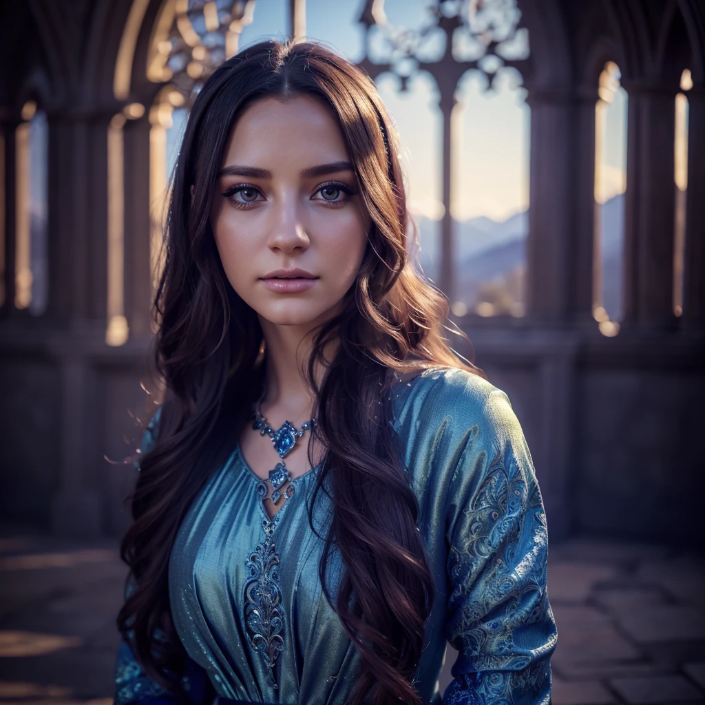 fantasy girl, 1girl, extremely detailed eyes and face, beautiful detailed eyes, beautiful detailed lips, long eyelashes, intricate detailed dress, medieval fantasy dress, flowing hair, detailed fantasy landscape, castle, mountains, magical glowing orb, dramatic lighting, cinematic composition, (best quality,8k,highres,masterpiece:1.2),ultra-detailed,(realistic,photorealistic,photo-realistic:1.37),vibrant colors,dramatic shadows