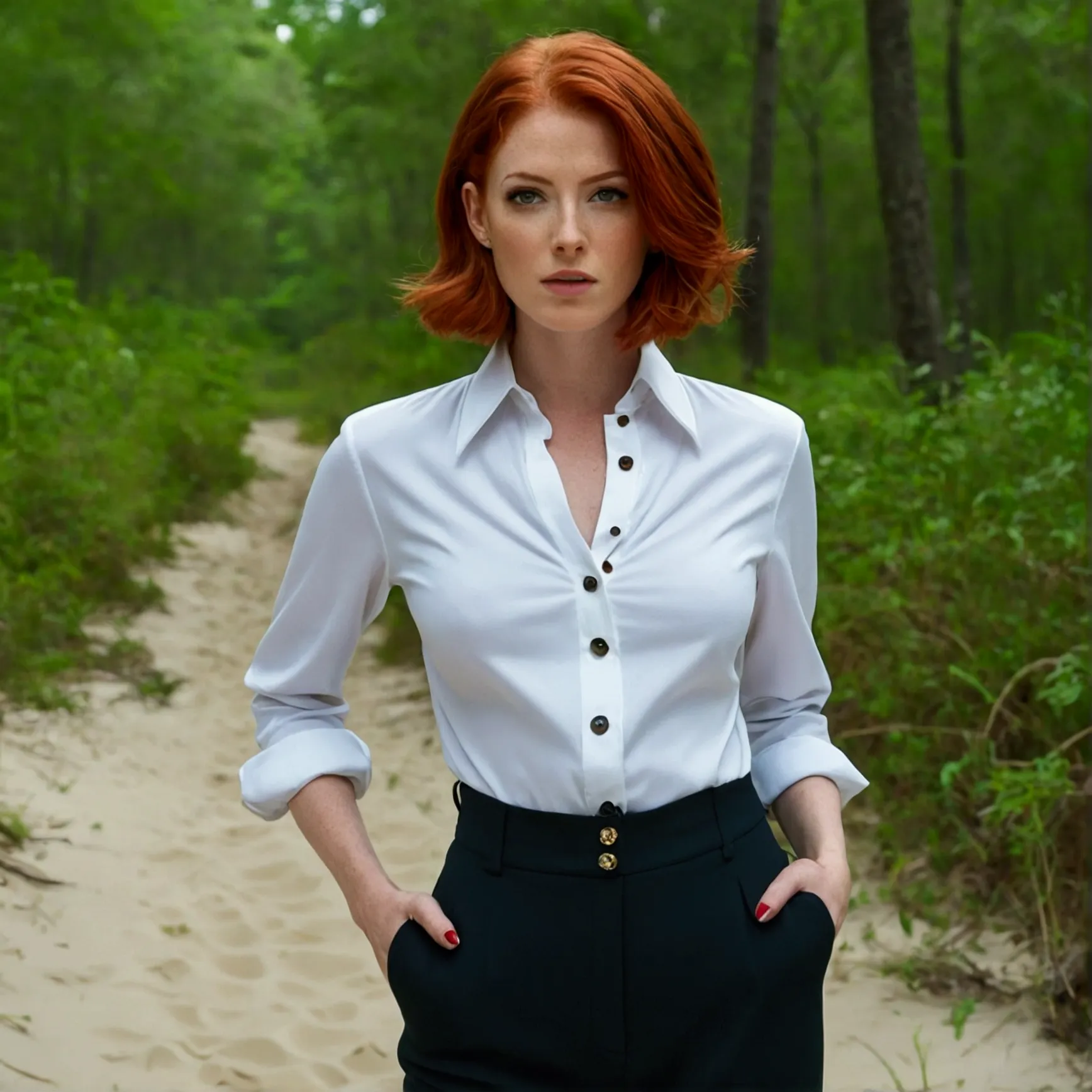 serious woman, red hair , shy, sehr lange red hair, wears a strict blouse, bluse bis oben buttoned up, visible buttons on the bl...