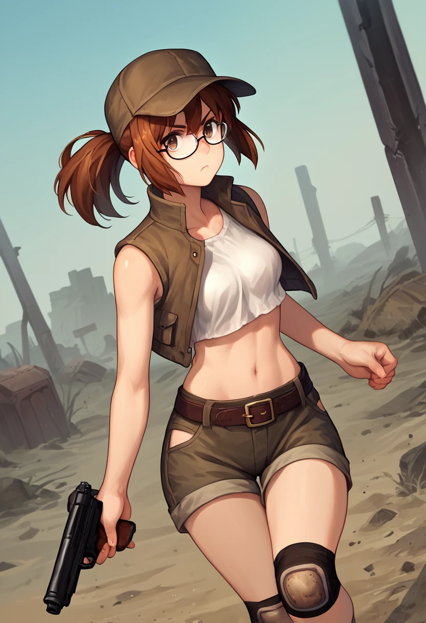 score_9, score_8_up, score_7_up, source_anime, fiogermi,1girl,fio germi, brown hair, glasses, medium hair, ponytail, brown eyes, crop top, hat, jacket, knee pads, shorts, sleeveless, navel, belt, outdoors, wasteland, gun, weapon, holding gun, serious,looking at viewer, cowboy shot,dynamic pose,running, dutch angle, solo,