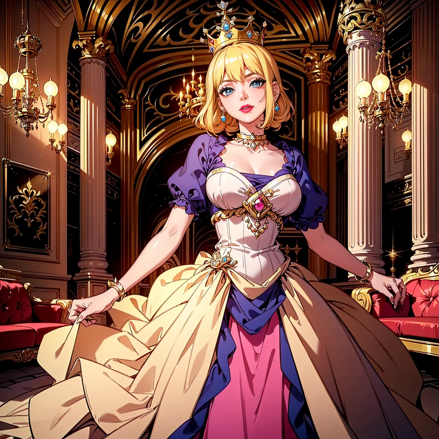 ((1woman, (solo, 1girl, alone), kohaku, blonde hair, blue eyes, tied hair)), smug, ((solo, (1woman, pink lipstick), Extremely detailed, ambient soft lighting, 4k, perfect eyes, a perfect face, perfect lighting, a 1girl)), austere, ((princess, queen, empress, luxurious dress, puffy dress, victorian dress, queen dress, palace, chandeliers, palace of versailles, fine jewelry, crown))