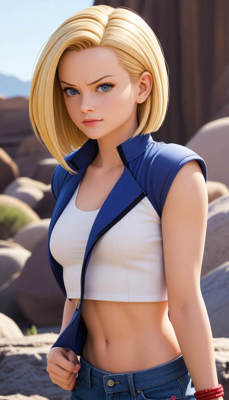 Android 18 from &#39;Dragon Ball&#39; in high quality. Show her in a confident pose, with his characteristic costume: jeans jacket, skirt and boots. Capture your determined and serene expression. Use an urban background or battlescape, with vibrant colors and details that highlight your strength and personality