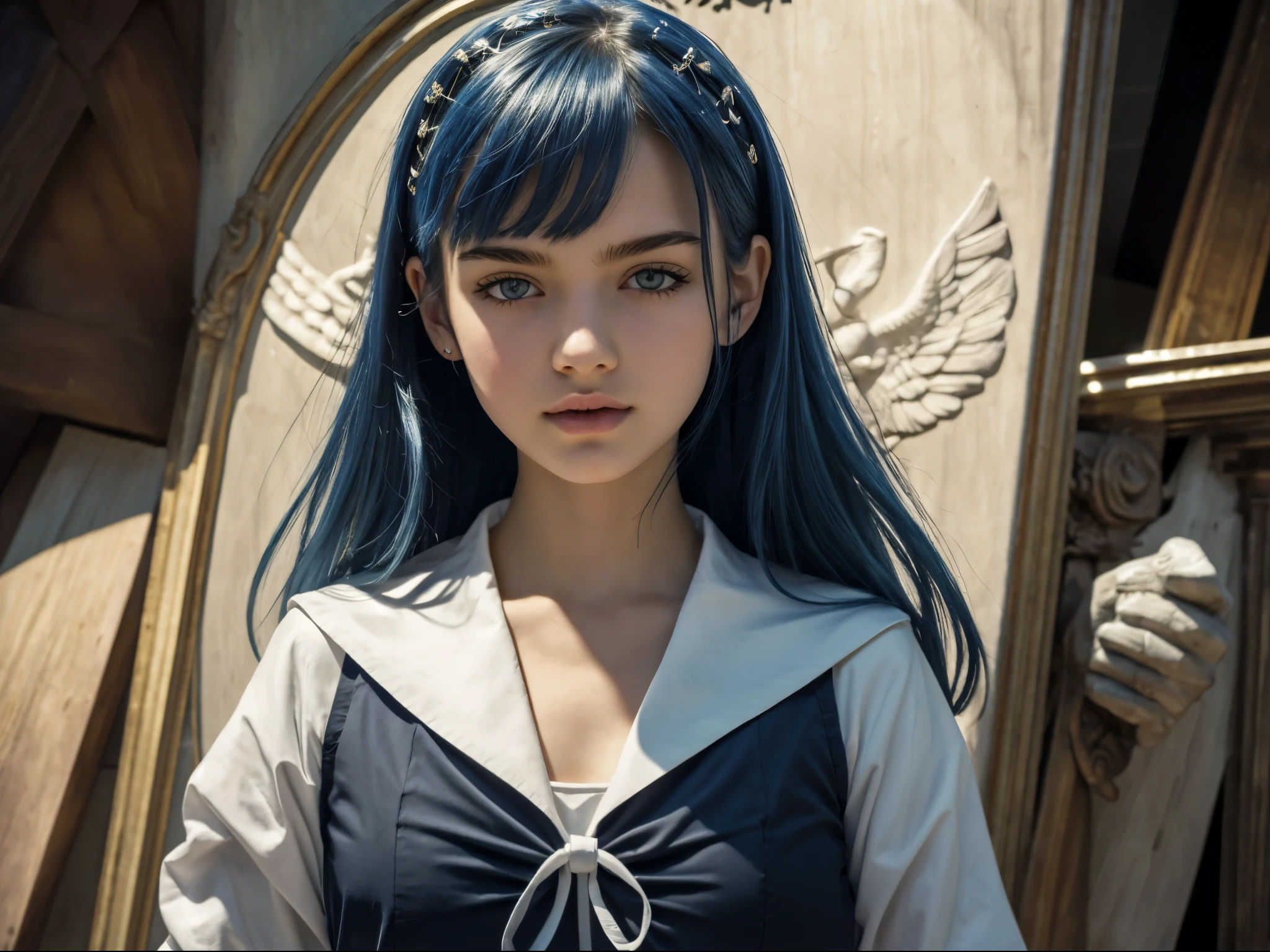 1girl, (solo:1.4), upper body, medium wide shot, long blue hair, blue eyes, detailed face, white and blue sailor uniform, (15yo, cute), (breasts:1.2), fantasy magical girl, (best quality, highres, masterpiece:1.2), (realistic, photorealistic:1.3), vivid colors, cinematic, dramatic lighting, whimsical, ethereal, elegant, graceful, BREAK, gargoyle, stone carving, detailed line, super intricate details, perfect composition, medieval art, BREAK,