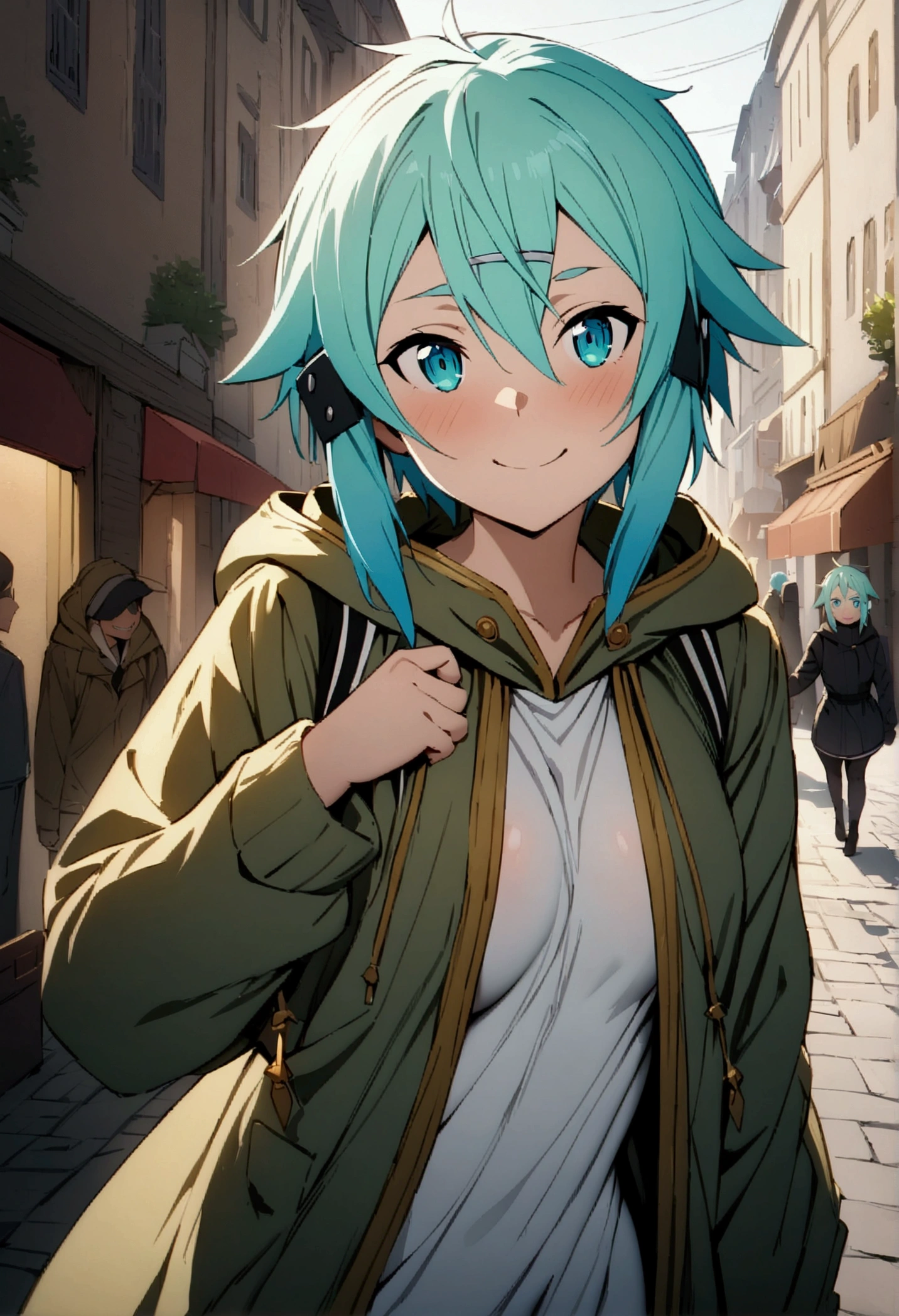 NSFW,masterpiece,Highest quality,High resolution,Very detailed,Sinon\(Sword Art Online\),Hooded parka,Happy face,bustling street