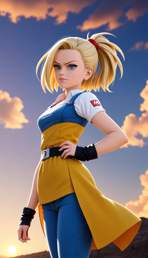 android 18 from &#39;dragon ball&#39; in high quality. show her in a confident pose, with his characteristic costume: jeans jack...