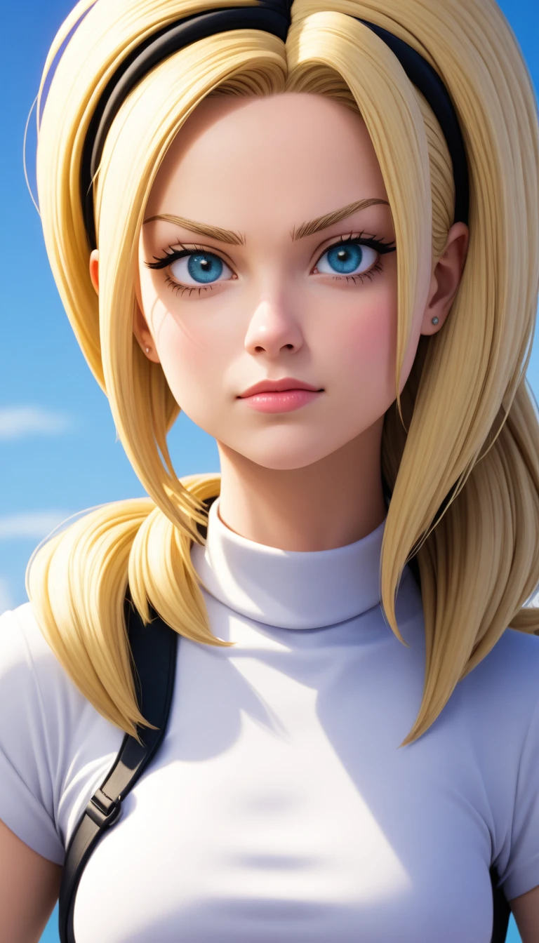 Android 18 from &#39;Dragon Ball&#39; in high quality. Show her in a confident pose, with his characteristic costume: jeans jacket, skirt and boots. Capture your determined and serene expression. Use an urban background or battlescape, with vibrant colors and details that highlight your strength and personality