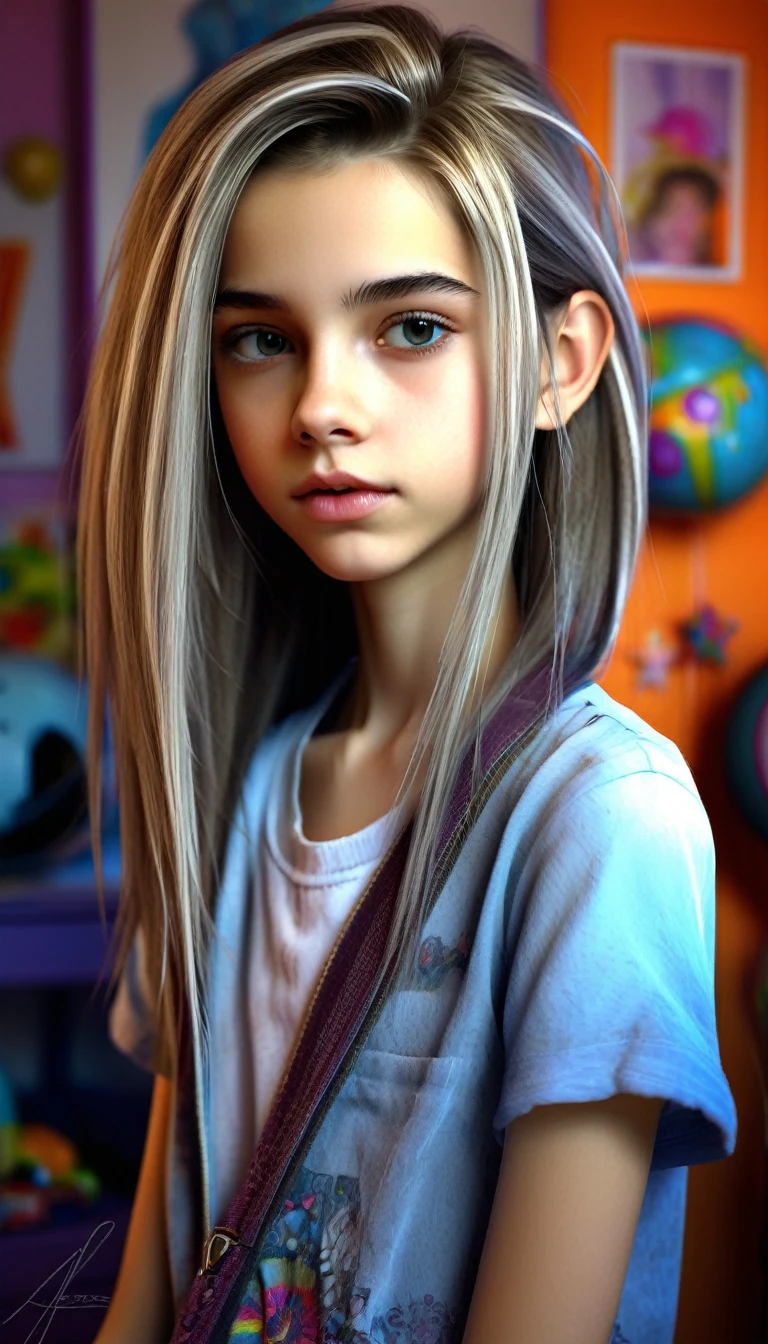 13 year old girl in her bedroom, with big toys ,skinny, slim, strange, Gentle, hair decoration , very detailed realistic texture, digital painting, very detailed photo