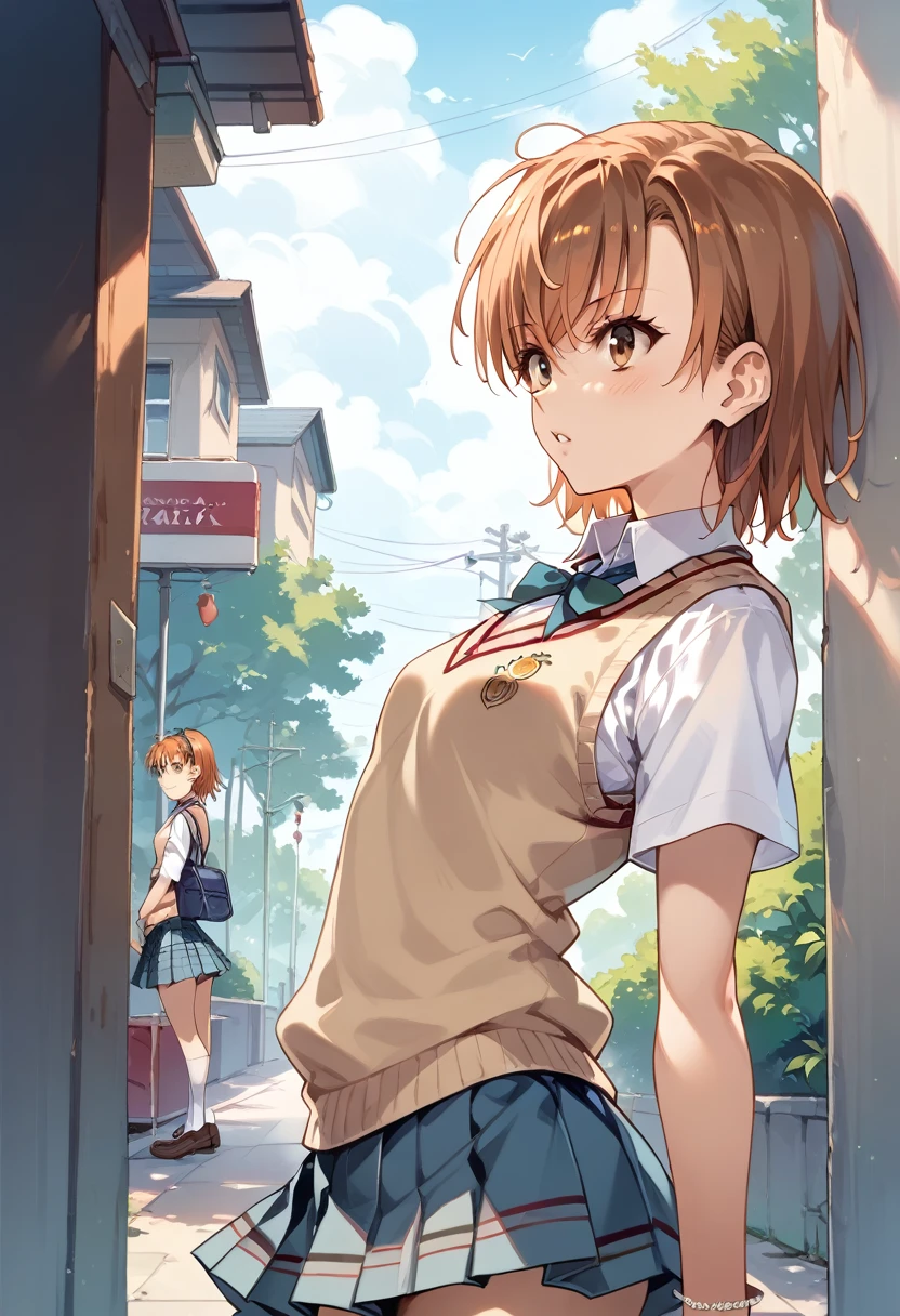 ((masterpiece,High resolution,Highest quality,8k)) (Anime Style,A Certain Scientific Railgun,Misaka Mikoto)(14-year-old female,Brown Hair,Short Hair,Small breasts,Slim figure) (school uniform,Sweater vest,White Shirt,Short sleeve,mini skirt)