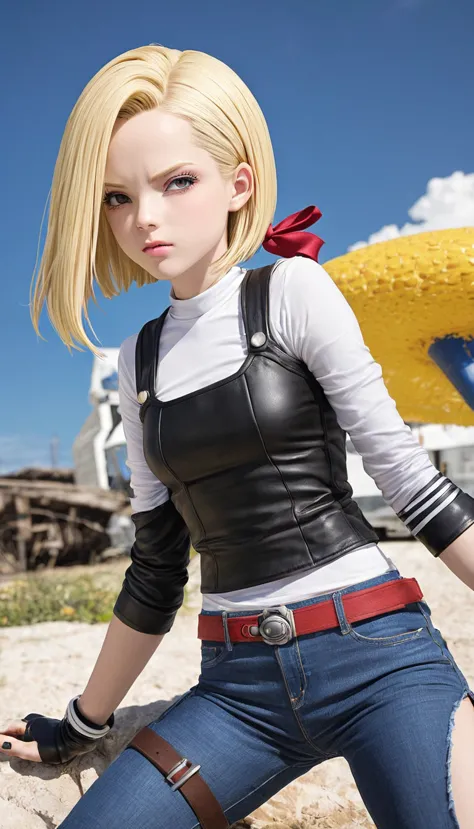 android 18 from &#39;dragon ball&#39; in high quality. show her in a confident pose, with his characteristic costume: jeans jack...