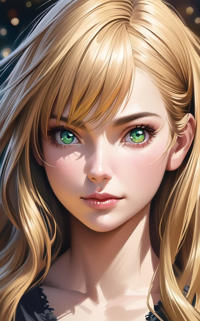 Woman blonde hair green eyes and pink batm and a black top, Realistic art style, Ross draws a portrait, art germ portrait, realistic anime art style., 4k realistic digital art, 4k realistic digital art, german art bokeh 8k, deviantart art station cgscosiety, Extremely detailed artgerm, made with anime painter studio, RossDraw digital painting