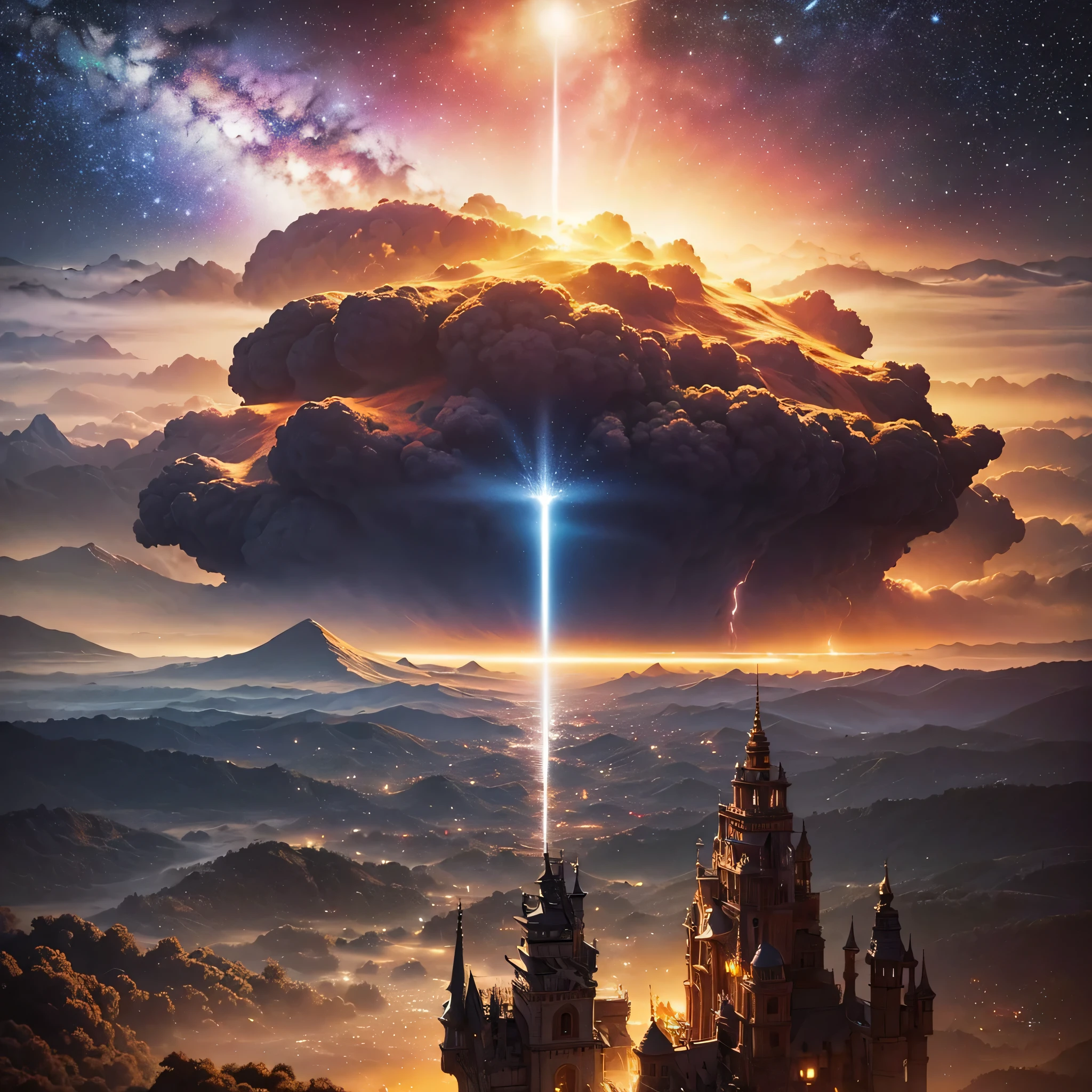 (8k, highest quality, masterpiece, final fantasy style: 1.2), (unRealistic, photoRealistic: 1.37), Dreamy landscape, Fantasy, Unsurreal landscapes, Super detailed, Flying Castle, Floating Island in the Sky, Seven-colored swirl of light, Intense lightning, milky way, Complex Light, Colored light, Large Lake, Starry sky reflected on the lake surface, Countless shining stars, Meteors,  Reflections , (A pillar of light emanated from the ground:1,2),heavenly roses and orchids gardens on the ground , sunset, pink clouds, waterfall in the sky, realistic style, Hyperrealism drawing, fairies flying, a flying pirate spaceship floating at the clouds level, burning skyscrapers, cyborgs, 