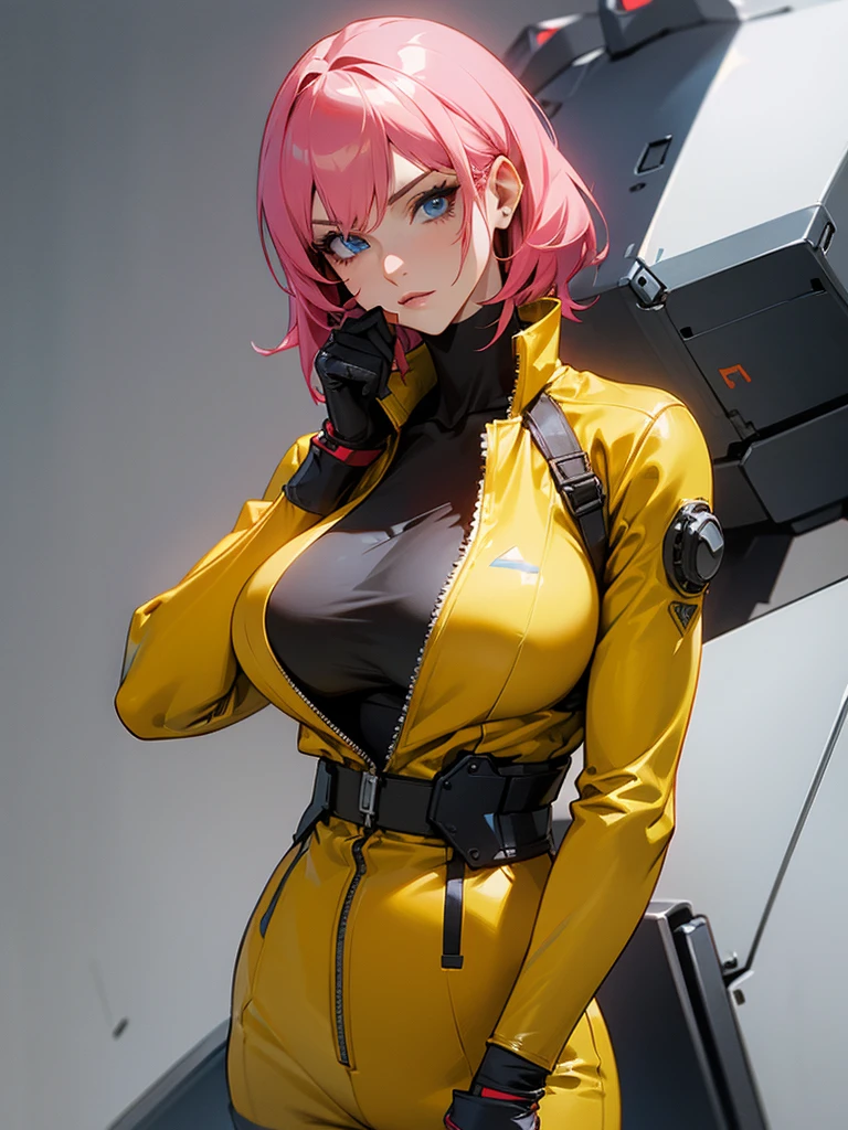 Fake body and  , Mature woman  in metal rising revengeance body details, foto de busto, big pink hair, shining blue eyes, wearing a mustard yellow jumpsuit, breasts big, looking 35 years old, eye on the spectator, Look to the camera, , the background is a cyberpunk city, revegeance expression, foco no rosto, de frente, foco no busto, riaden armor of metal gear rising
