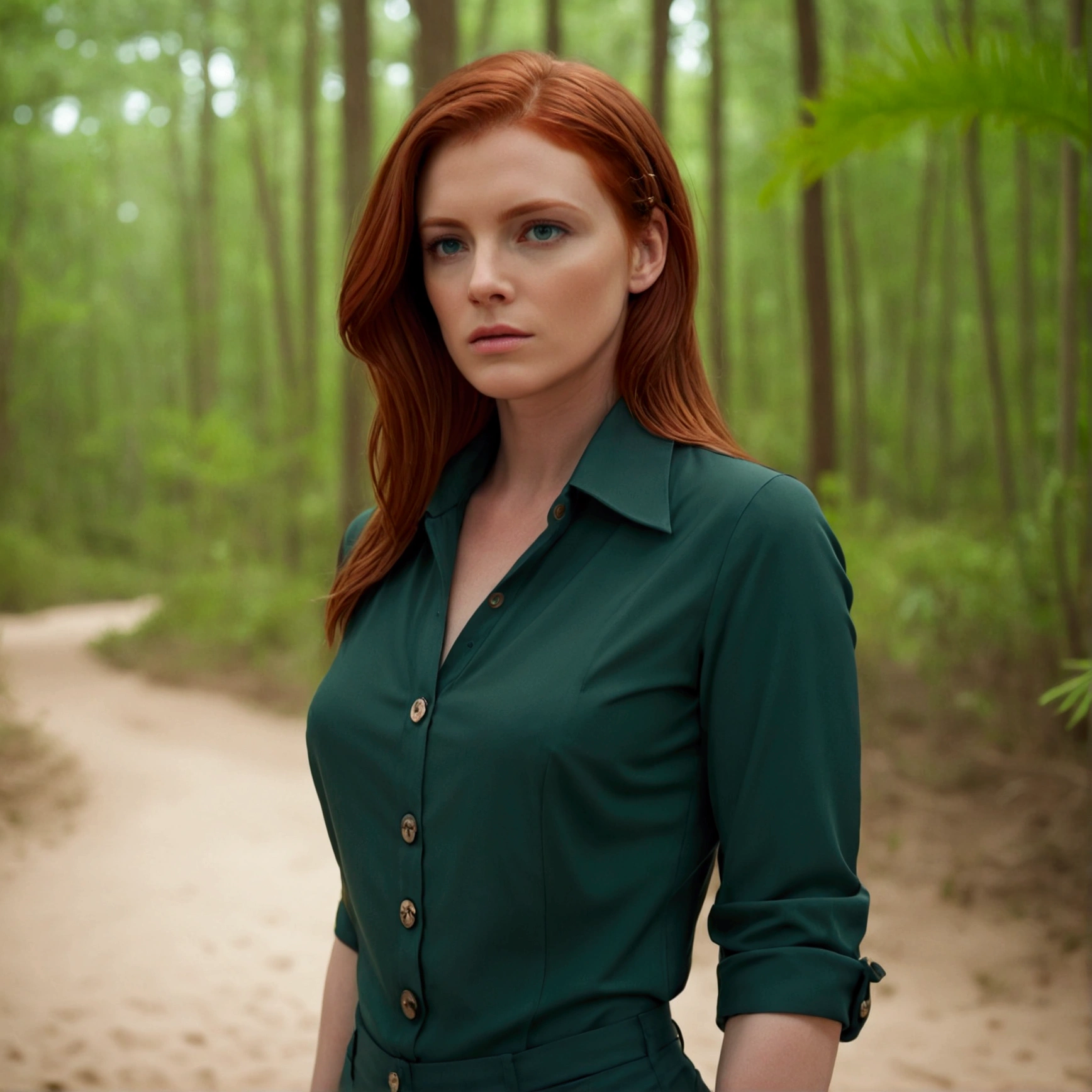 serious woman, Red hair , shy, sehr lange Red hair, wears a strict blouse, Bluse bis oben buttoned up, visible buttons on the blouse, ,Sleeve style suit, fullbody, perfect, other pose, buttoned up, serious clothing style, Business Woman, in forest, wide angle, Kragen buttoned up, strictly dressed, tightly zipped shirt, buttonGap, Photo on the beach, --ar 1:1 -- in 5.2