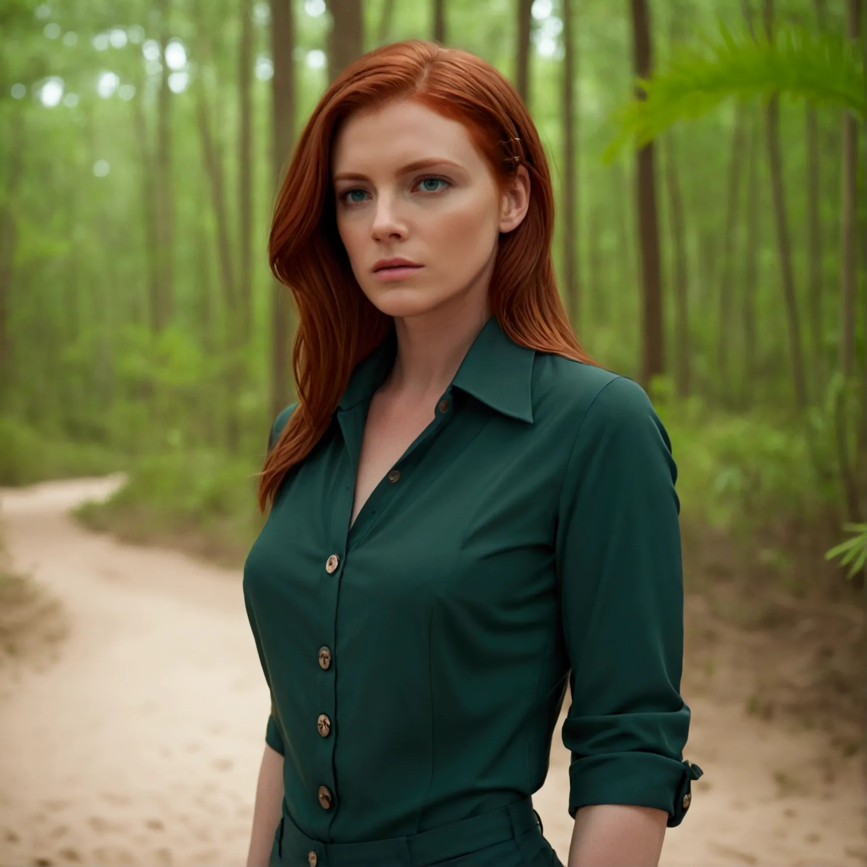 serious woman, red hair , shy, sehr lange red hair, wears a strict blouse, bluse bis oben buttoned up, visible buttons on the bl...