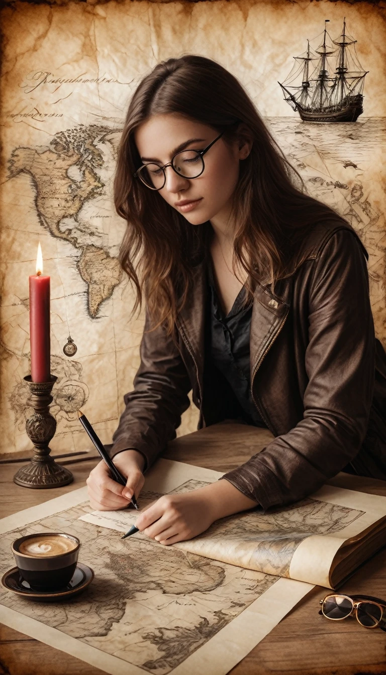 Portrait of a beautiful modern girl with glasses at the table, writing text on a sheet of parchment, porcelain cup of hot black coffee and a candlestick with lit candles next to parchment, beautiful graceful hands with beautiful fingers, tired, thoughtful look; Drawn on paper，sketch，old parchment，pencil sketch，Stereoscopic light and shadow，Against the backdrop of a fantasy world, image of a girl to the bottom right of the center of the picture at the edge,
(Detailed map of Treasure Island on ancient parchment, Rose of Wind, compass), documentation,Rich and delicate touches，