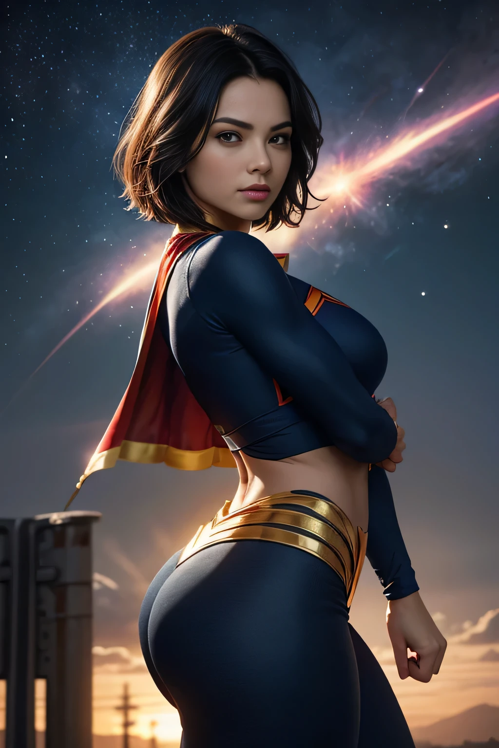 Super woman, Young woman dressed in pantyhose, short bob style hair, Fitted suit in blue and red tones with the iconic symbol "S" superman on the chest.
- costume that covers the entire body, highlighting the female anatomy, standing, with a firm and confident posture, big haunches, big buttocks, small waist, large breasted, flying over a city with a determined look.
- In a dynamic pose, ready for action, with one arm extended and the other flexed.
- Determined and confident look, conveying power and compassion.
- A soft smile, but confident, can add warmth and bring the character closer.
- A cosmic scene with planets and stars, showing your connection to the universe.
- A post-battle landscape with destroyed elements, highlighting her role as protector.
- Soft, warm light that highlights the textures and details of the costume.
- Shadows that accentuate muscles and figure, creating a dramatic contrast.
- Light effects that suggest energy and power emanating from the character.
- Hair in the wind, Adding dynamism.
- Visual effects like flashes of light or auras that increase your power.
- Add moving elements, like hair, to give life and energy to the image.