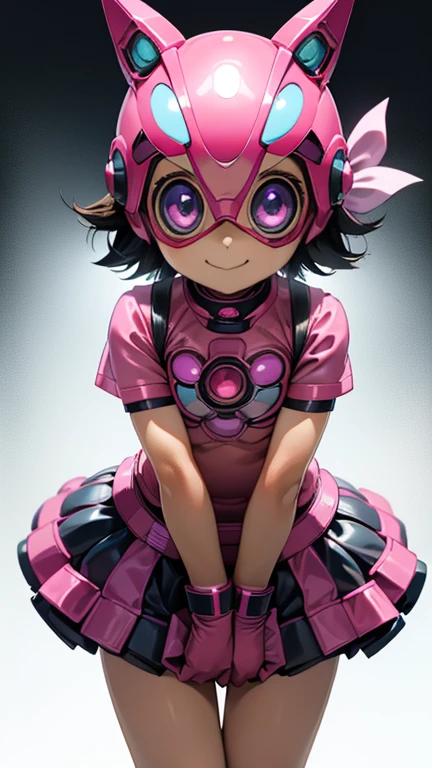 (8k),(masterpiece),(Japanese),(8-year-old girl),((innocent look)),((Childish)),From the front,smile,cute,Innocent,Kind eyes,Flat chest, Shizuka,Kamen Rider,pink helmet,pink superhero mask,camisa,no Hair,cyberpunk Tokyo City,pink tshirt