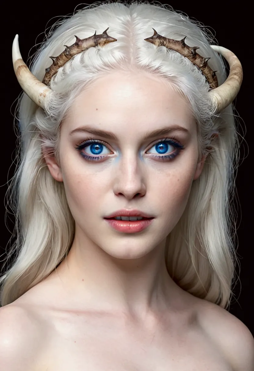 pale white skinned girl, fawn, thick ram's horns, white hair, blue eyes, portrait