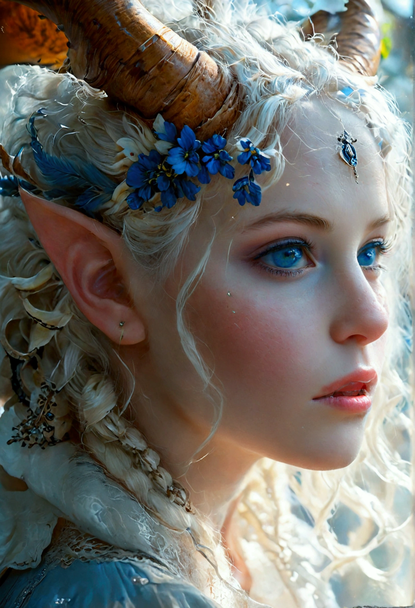 Pale white skinned girl, fawn, thick ram's horns, white hair, blue eyes, portrait