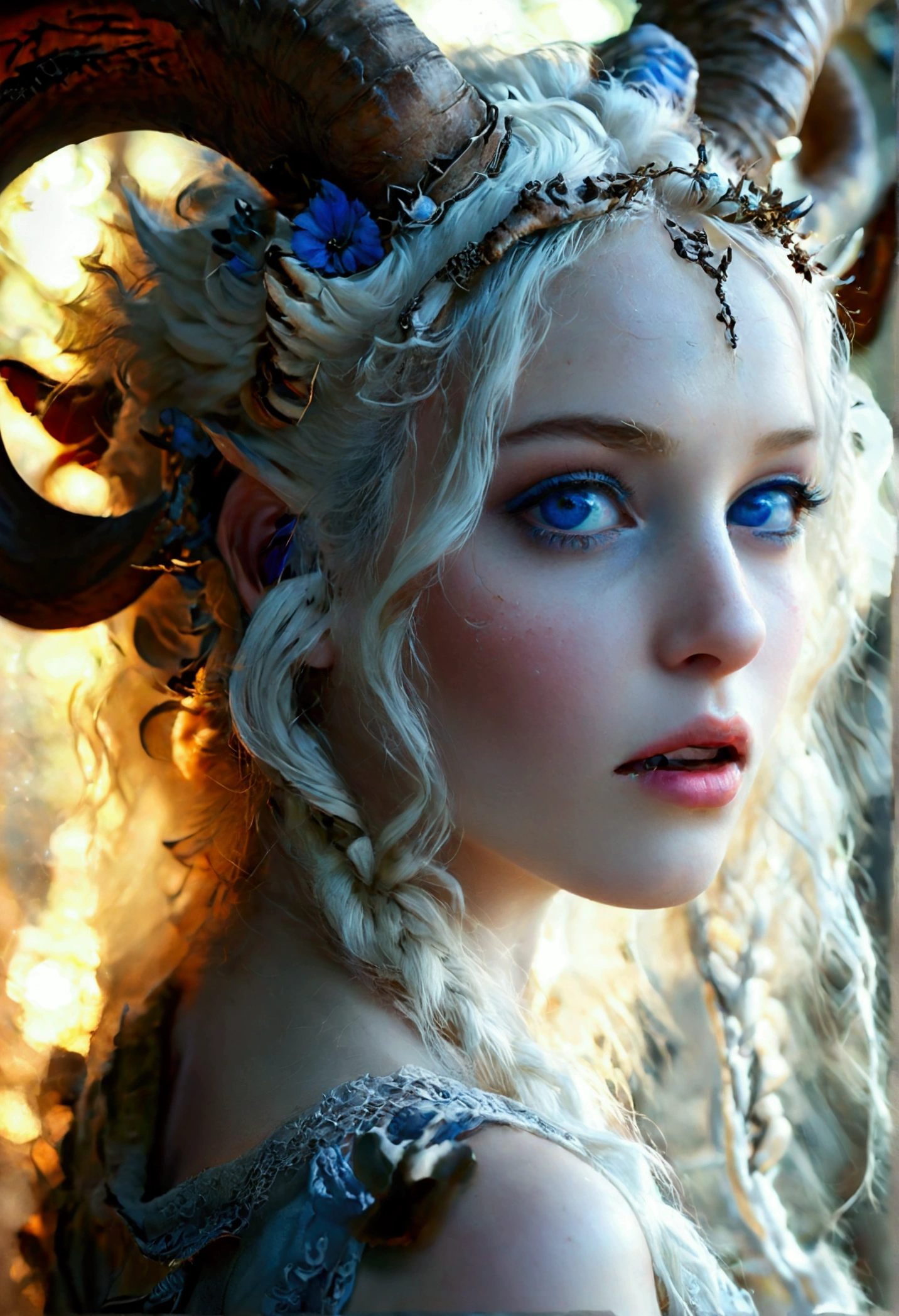 Pale white skinned girl, fawn, thick ram's horns, white hair, blue eyes, portrait