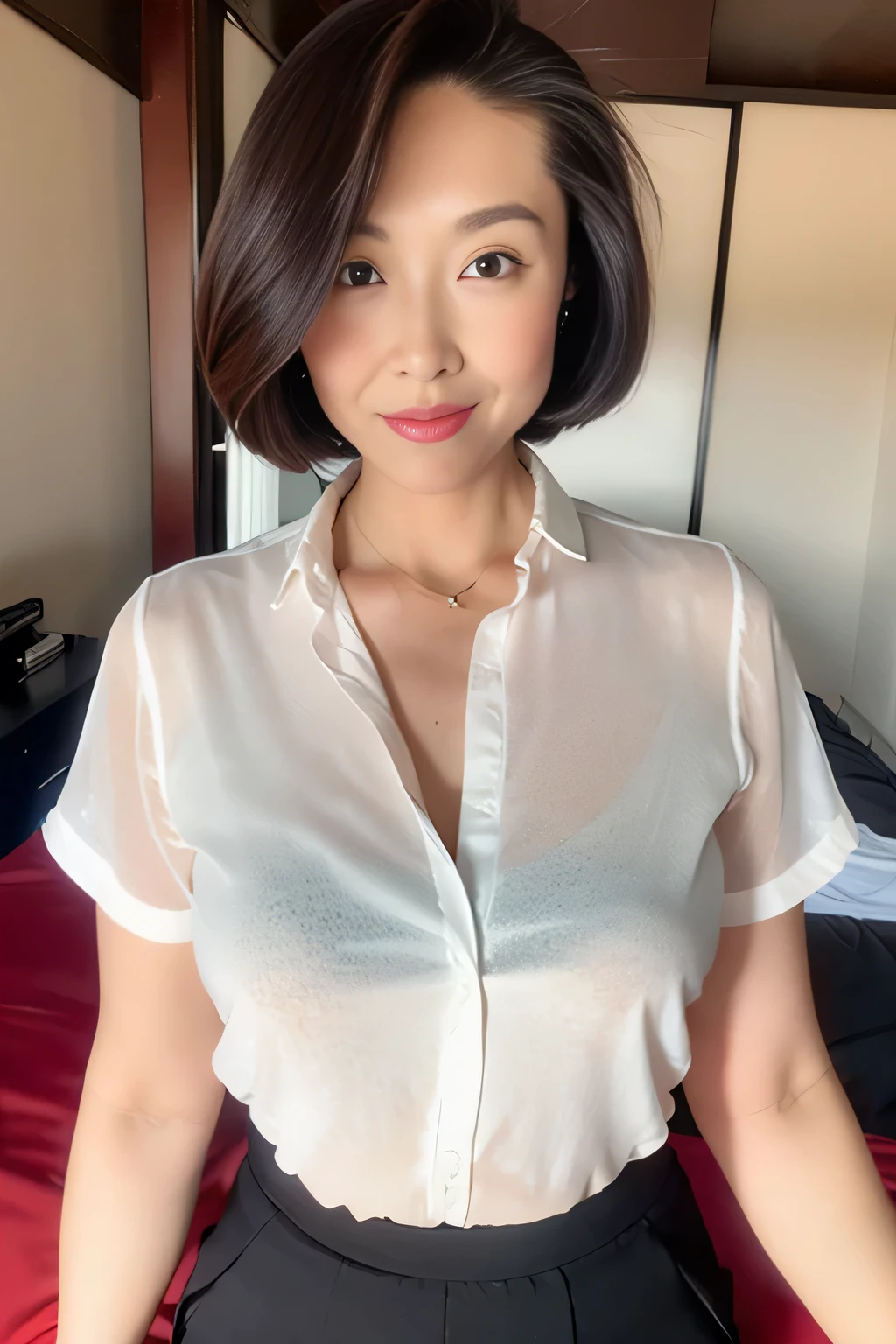 Detailed Background, masterpiece, Highest quality, 1 person , Short Bob Cut Hair, Brown eyes, Stars in my eyes ,  White see-through blouse, Long skirt、Pencil Skirt、Small breasts、On the bed、Perfect Makeup、