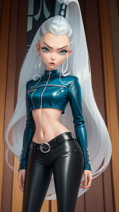 ​masterpiece, best quality, ultra-detail, illustration, 1 girl, icywinx, alone, very long hair, black open leather jacket, jeans...