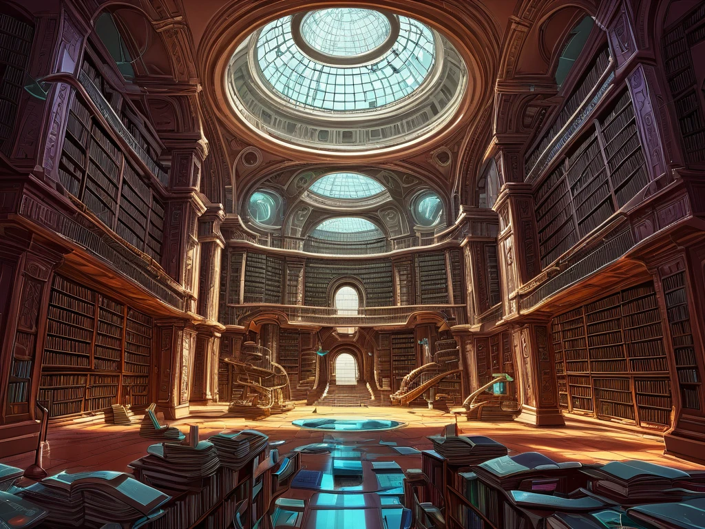 painting of an interior futuristic messy library, digital painting. master piece, Highly detailed photography, cinematic lighting, ultra wide angle, 24mm lens,  cartoon style, flat shading, cartoon shading,