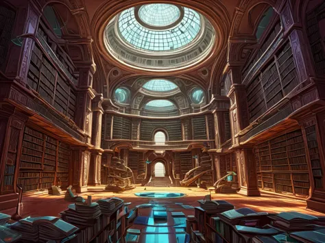 painting of an interior futuristic messy library, digital painting. master piece, highly detailed photography, cinematic lightin...