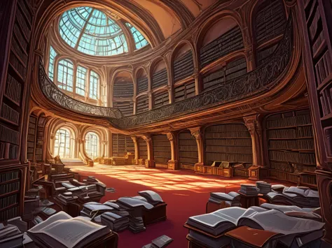 painting of an interior futuristic messy library, digital painting. master piece, highly detailed photography, cinematic lightin...