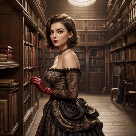A pretty woman with short brown hair, pale skin, red lips. She is wearing a 1940s dress, with gloves and standing in a library