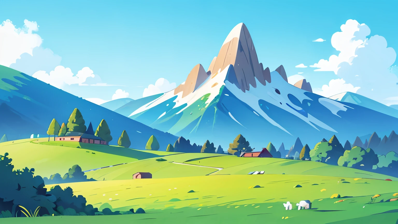 pasture fields, cute cartoon mountains in the background, blue sky, cartoon style without outline, vibrant and bold colors