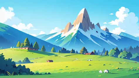 pasture fields, cute cartoon mountains in the background, blue sky, cartoon style without outline, vibrant and bold colors