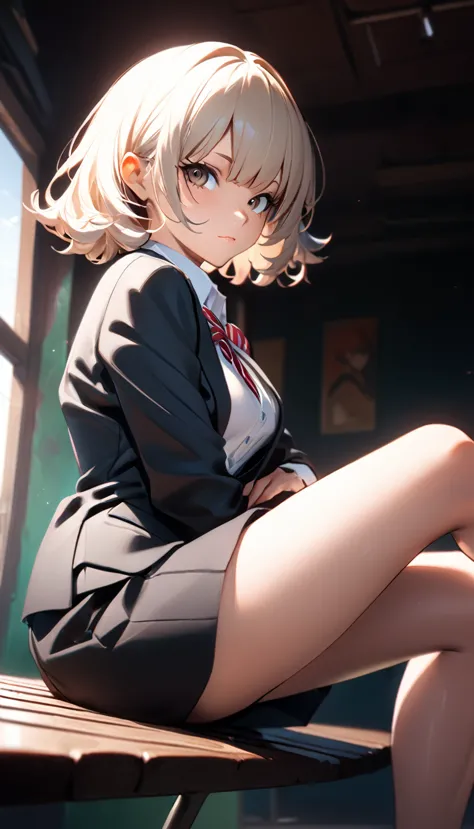 nsfw,((masterpiece,highest quality)),perfect hands,perfect legs,anime girl sitting on a bench with her legs crossed, hyperrealis...