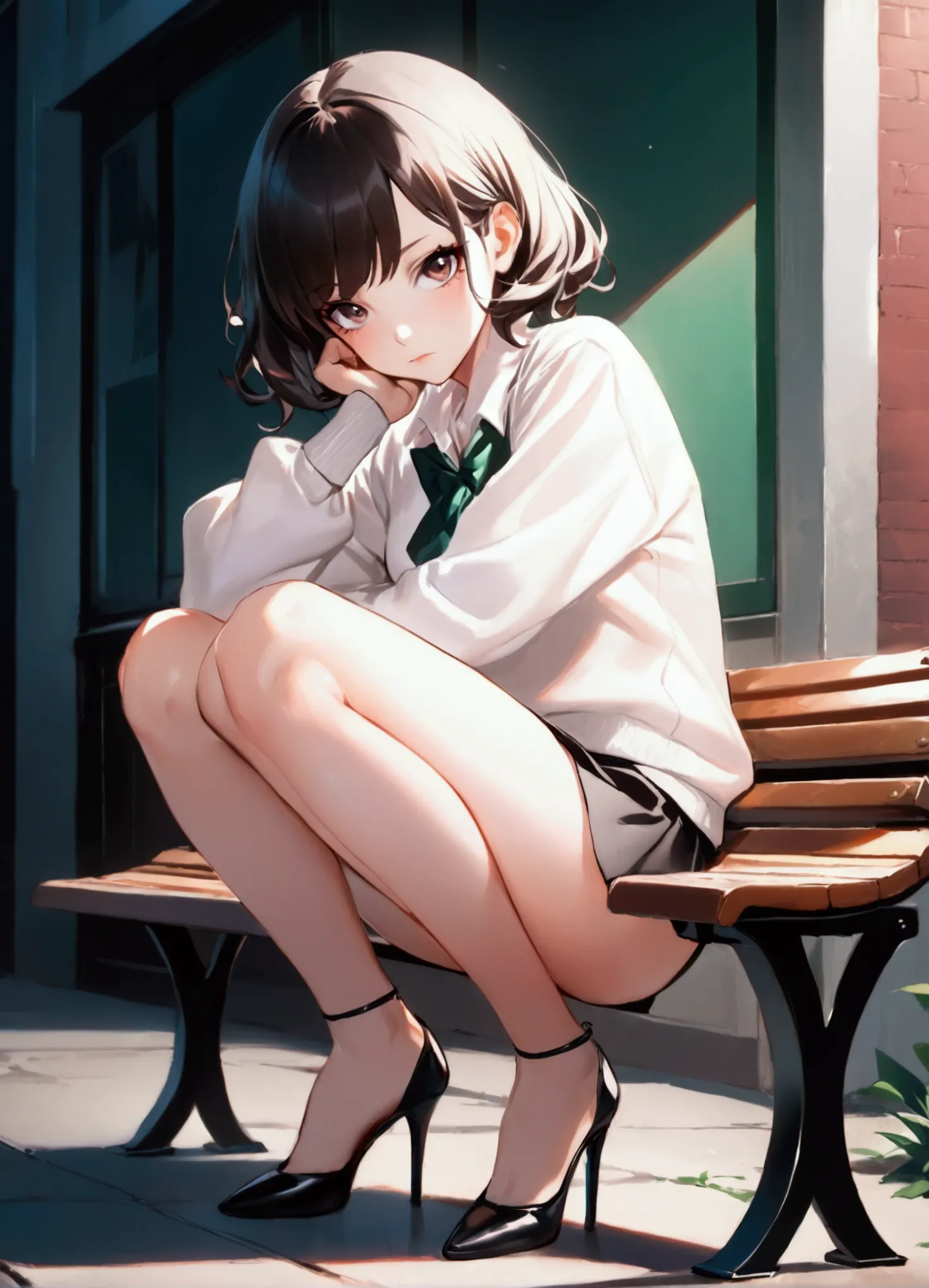 nsfw,((masterpiece,highest quality)),perfect hands,perfect legs,anime girl sitting on a bench with her legs crossed, hyperrealis...