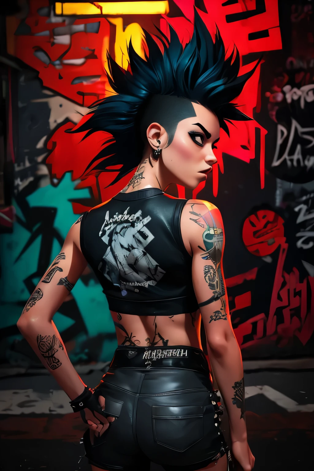 Photorealistic, ultra-detailed, ((back viewer, looking to spectator)), ((hot Rocker punk girl, spiky Black mohawk hair)) girl, hot Body, Nice Butt, abs, tattoo, t-shirt nipples, portrait photo, Solo, Brazilian Girl dimly lit room, edgy urban scene with graffiti, dark and moody, late evening, city lights flashing, neon lighting The essence of rock and roll, (((spike hair))), 18 years old, assertive, confident expression, showcasing multiple piercings, blurry background, analogue style, grunge texture, Best contrast, industrial, Instagram LUT, Professional, 4k, electrifying gaze, shot on Nikon, 50mm, shallow depth of field,  ((Abandoned Graffiti Wall Background, cinematic lighting )).