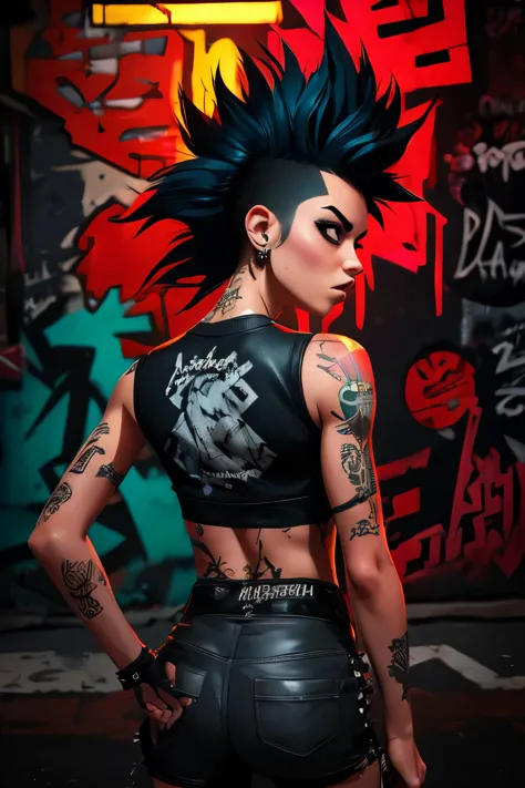 photorealistic, ultra-detailed, ((back viewer, looking to spectator)), ((hot rocker punk girl, spiky black mohawk hair)) girl, h...