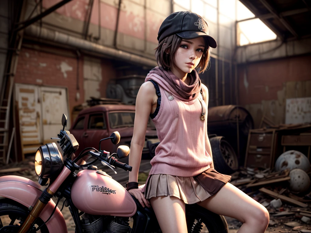 masterpiece, highest quality, (solo focus), (perfect face:1.1), (high detail:1.1), 1girl, brown hair, ((Neapolitan colored outfit)), (pink, cream, and brown clothes), large scarf, sleeveless knit sweater, short skirt, ((pink fiddler cap)), ((rifle)), detailed background, wasteland, leaning on motorcycle, abandoned factory, scrapheap, (((ashes))), cinematic lighting,
