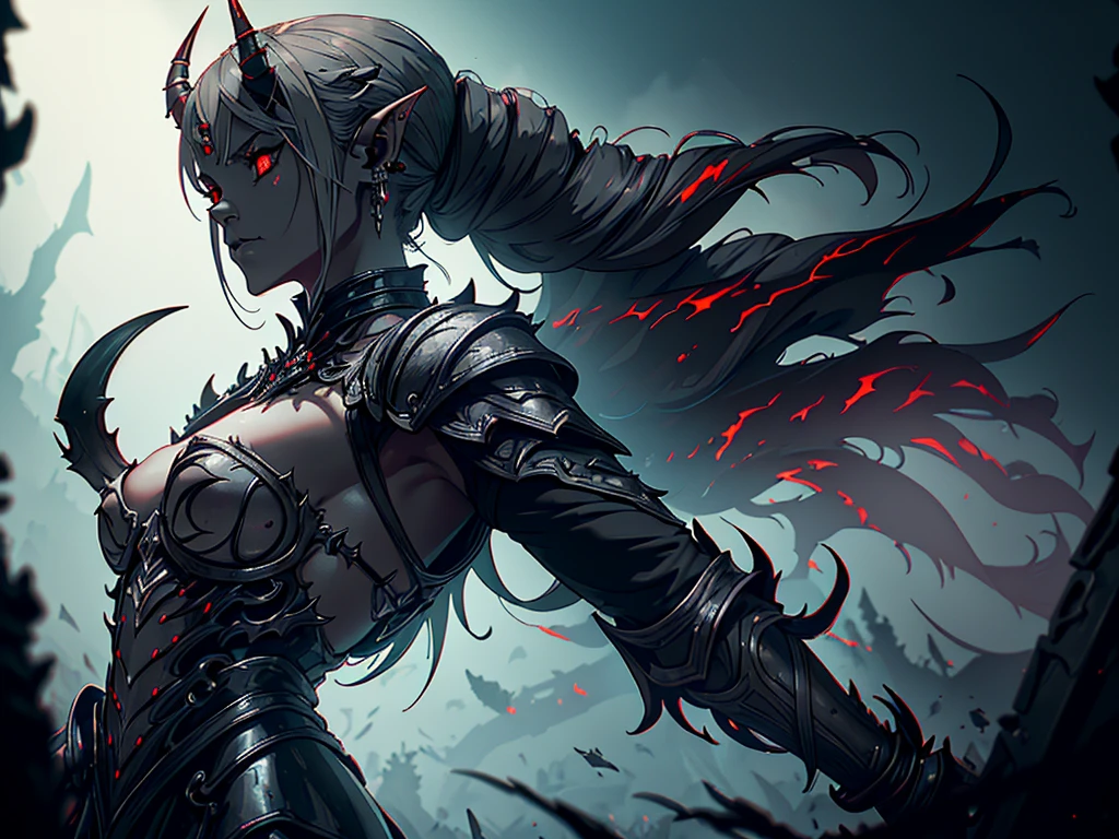 1girl, horror, dark elf princess, elden ring, (dark grey skin:1.5), true white long ponytail, ((perfect red eyes)), elf ears, earrings, detailed blood, highly detailed mechanical horns, (small breasts), ((black gothic prom dress)), wearing black fur cloak, bone armor, skull armor, volumetric lighting, ethereal fog, dark background, ultrasharp, best quality, masterpiece, realistic, anatomically correct, (strong cinematic lighting), ((rim lighting)), stunning details, intricate details, 8k post-production, high resolution, super details, sharp focus, depth of field f/1.8, studio photos, (((looking in the distance)))